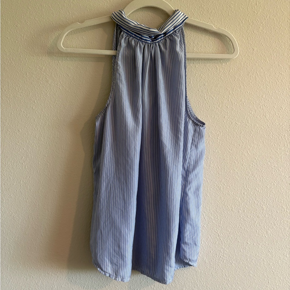 J. Crew 100% Silk High-Neck Tie-Back Sleeveless Women’s 2 Striped Blue/White